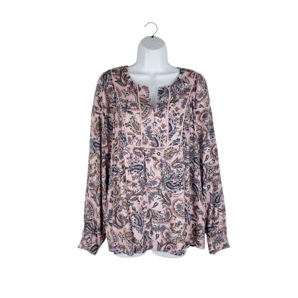 J Jill Relaxed Long Sleeve Piped Paisley Print Top Pink Boho Popover Size Small - Picture 1 of 7